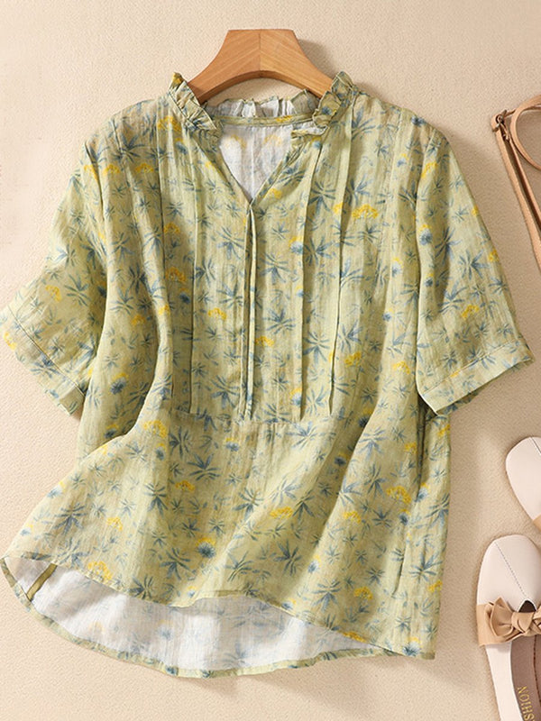 Cotton And Linen Lace Up Fungus Versatile Short Sleeve T-shirt